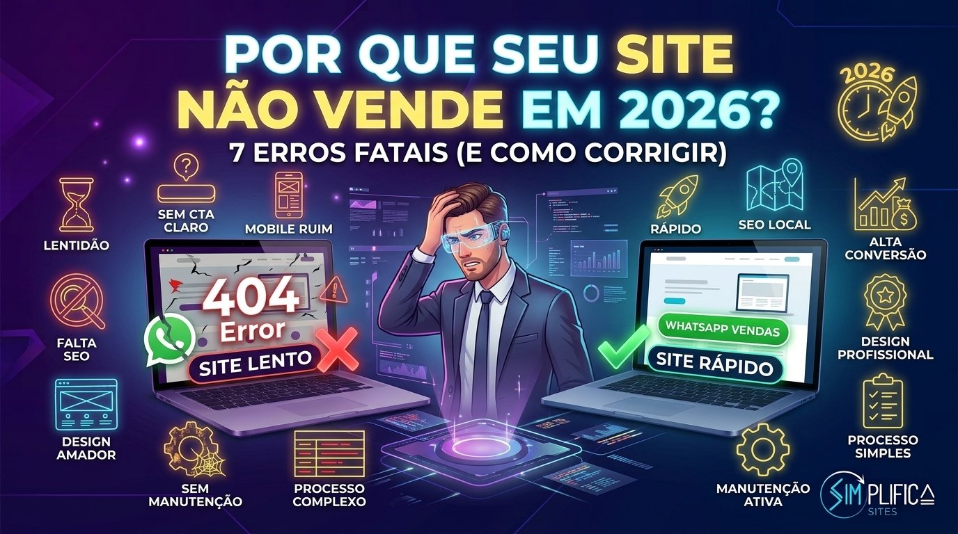 Infográfico mostrando os 7 erros fatais que fazem um site não vender em 2026 e a comparação entre uma página lenta e uma estrutura otimizada.