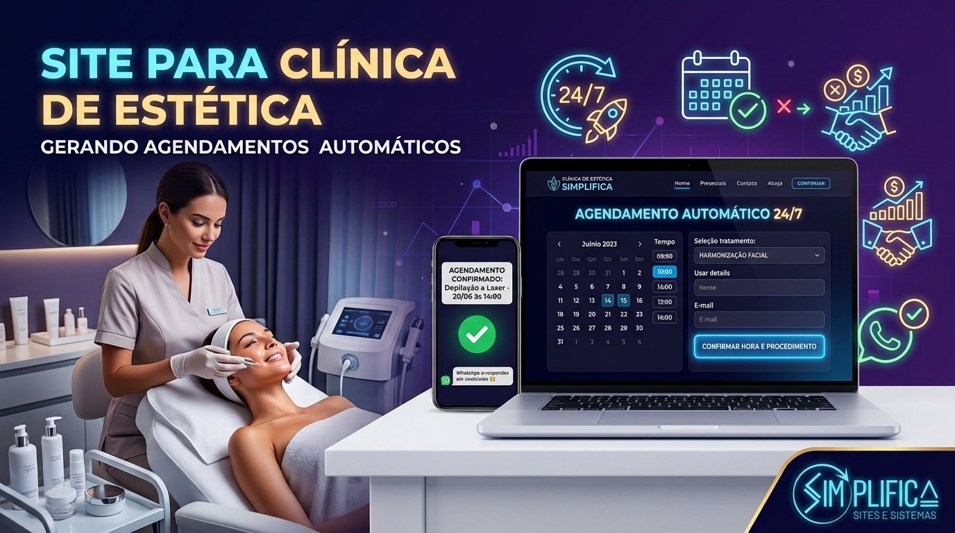 Infográfico mostrando um site para clínica de estética com agendamento automático 24/7 e confirmação via WhatsApp.